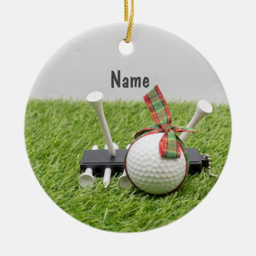Golf Christmas with golf ball Christmas Ribbon  Ceramic Ornament