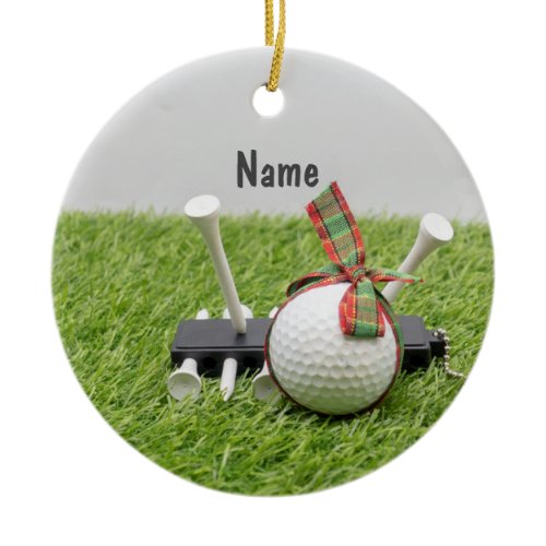 Golf Christmas with golf ball Christmas Ribbon  Ceramic Ornament