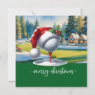 Golf Christmas with golf ball Santa hat Holiday Card