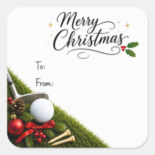 Golf Christmas with golf ball santa hat on green Square Sticker