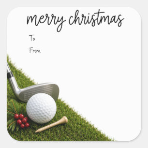 Golf Christmas with golf ball santa hat on green Square Sticker