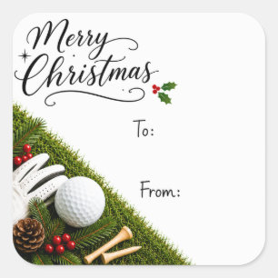 Golf Christmas with golf ball santa hat on green Square Sticker