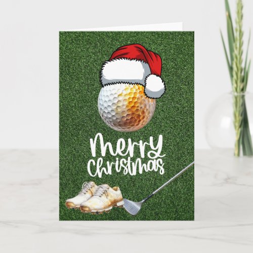 Golf Christmas with  golf ball wear Santa hat Card