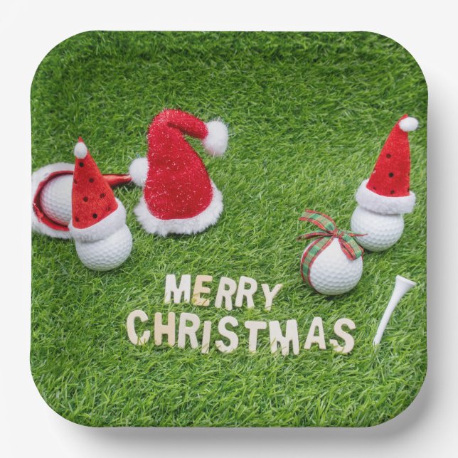 Golf Christmas with golf balls  and Santa hat  Paper Plates (Front)