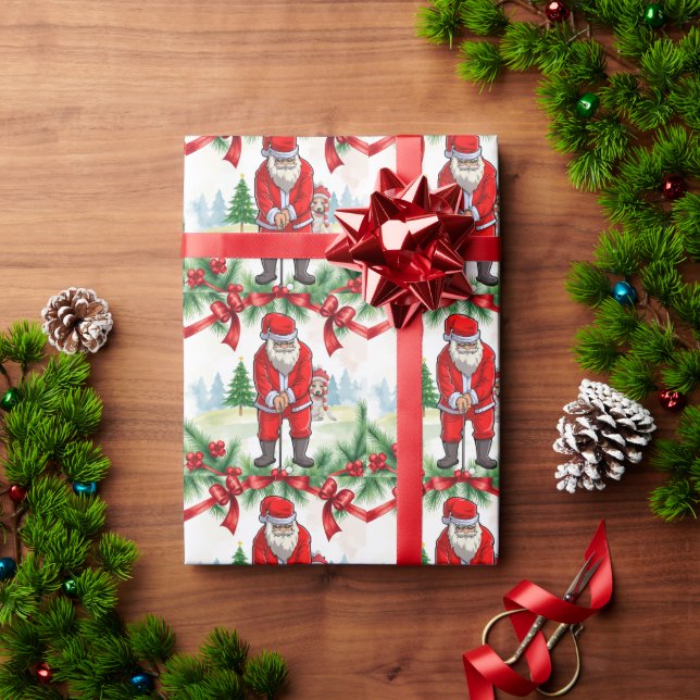 Golf Christmas with Santa Claus and Dog  Wrapping Paper (Holiday Gift)