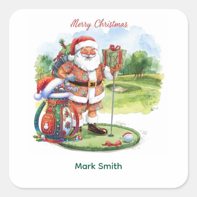 Golf Christmas with Santa Claus at golf course Square Sticker (Front)