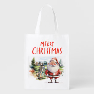 Golf Christmas  with Santa Claus Golfer at Course  Grocery Bag