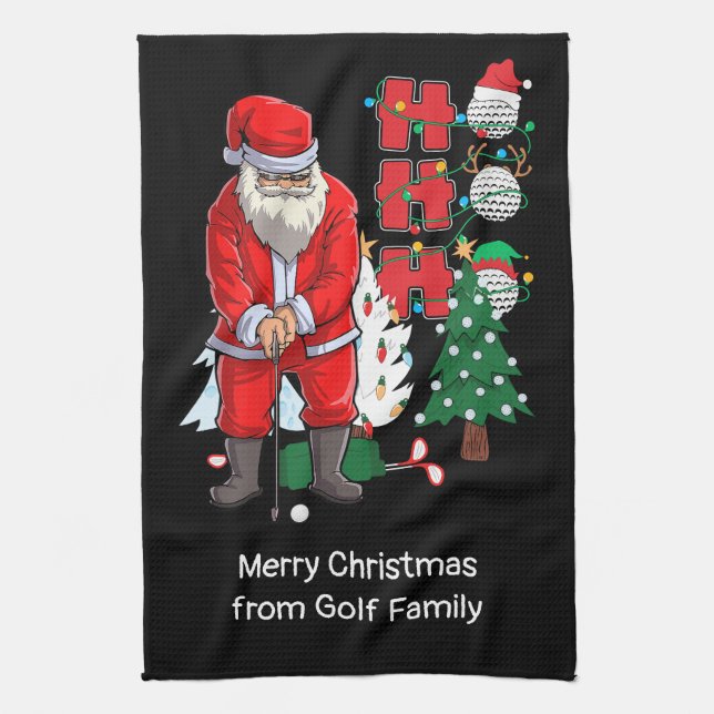 Golf Christmas with Santa Claus golfing  Kitchen Towel (Vertical)