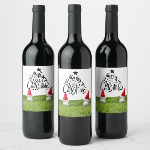 Golf Christmas with Santa Claus Hat on green grass Wine Label