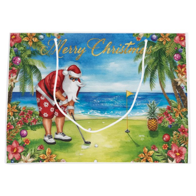 Golf Christmas with Santa Claus in Hawaii Large Gift Bag (Front)