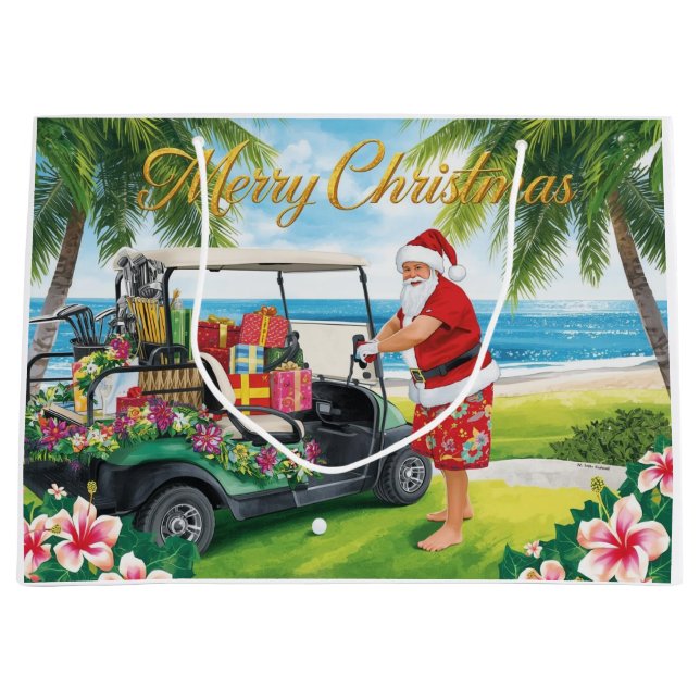 Golf Christmas with Santa Claus in Hawaii Large Gift Bag (Front)