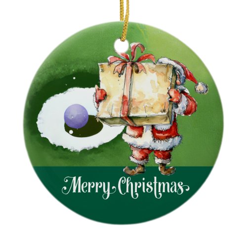 Golf Christmas with Santa Claus on green grass Ceramic Ornament