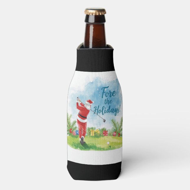 Golf Christmas with Santa Claus with funny text  Bottle Cooler (Bottle Front)