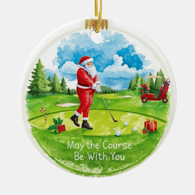 Golf Christmas with Santa Golfer on golf course  Ceramic Ornament (Front)