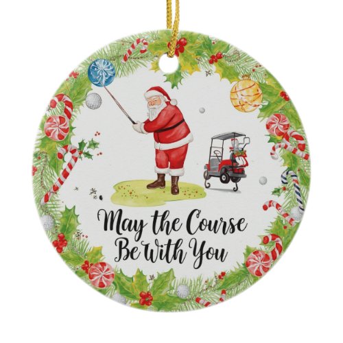 Golf Christmas with Santa Golfer on golf course  Ceramic Ornament