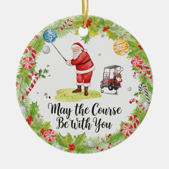 Golf Christmas with Santa Golfer on golf course  Ceramic Ornament (Front)