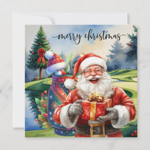 Golf Christmas with Santa Golfer on golf course  Holiday Card