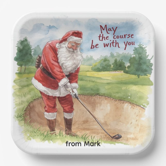 Golf Christmas with Santa Golfer on golf course  Paper Plates (Front)
