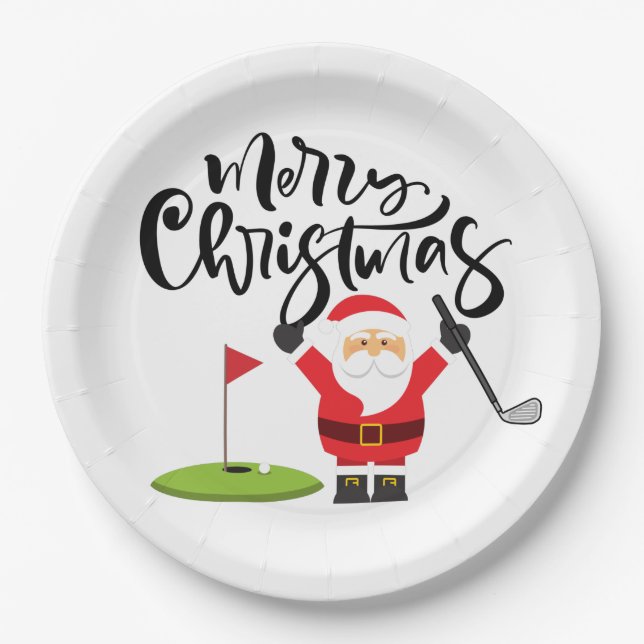 Golf Christmas with Santa Golfer Paper Plates (Front)