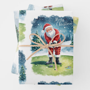 Golf Christmas with Santa golfing in Winter Wrapping Paper Sheets