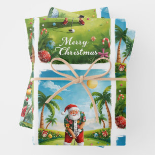 Golf Christmas with Santa in Hawaii Shirt Wrapping Paper Sheets