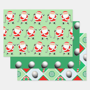 Golf Christmas Wrapping Paper Flat Sheet Set of 3