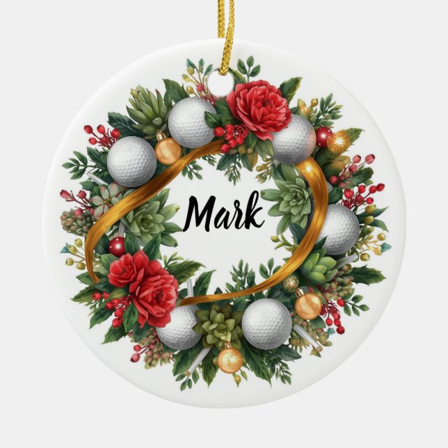Golf Christmas Wreath with Golfer Name Ceramic Ornament (Front)