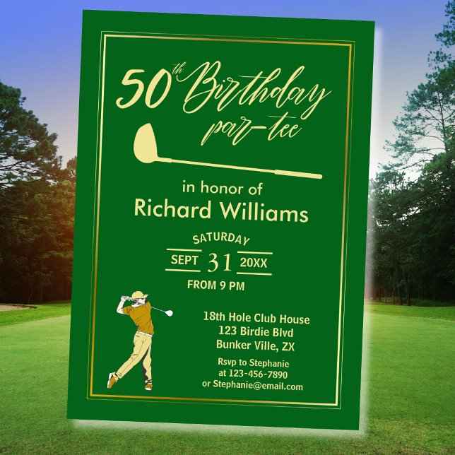 Golf Classic Green Golden Player Men 50th Birthday Invitation (Creator Uploaded)