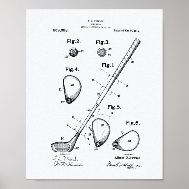 Golf Club 1910 Patent Art - White Paper Poster (Front)