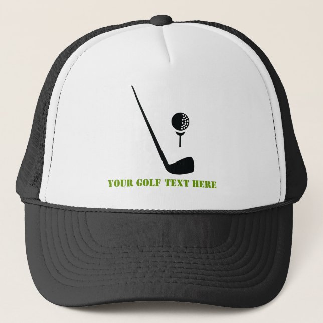Golf club and ball black, green custom trucker hat (Front)