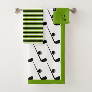 Golf club and ball black, green stripes monogram bath towel set