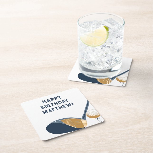Golf Club and Ball Personalized Golfers Birthday Square Paper Coaster (Insitu)