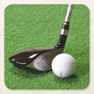 Golf Club and Golf Ball on the Green Square Paper Coaster