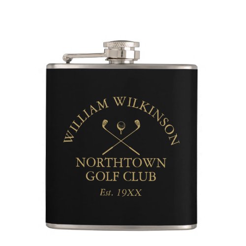 Golf Club And Member Name Black And Gold Flask
