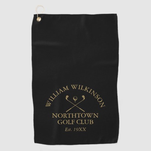 Golf Club and Member Name Black And Gold Golf Towel