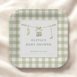 Golf Club Gingham Sage Green Baby Shower Party Paper Plates