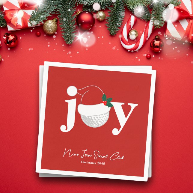 Golf Club Holiday Joy Typography Festive Red  Napkins (Modern holiday napkin with a golf twist 🎄
Add your name, club, or event details)