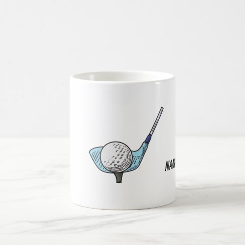 Golf club with golf ball on tee with golfer name coffee mug