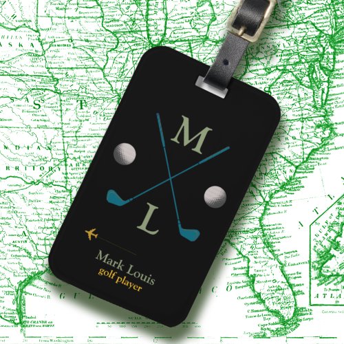Golf Clubs and Balls on Black Monogrammed Luggage Tag