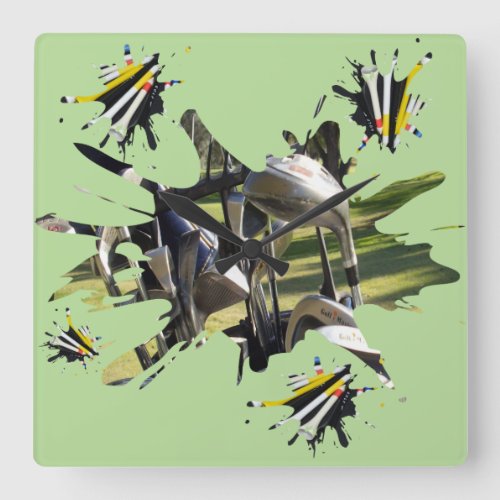 Golf Clubs And Tees Abstract Art Square Wall Clock