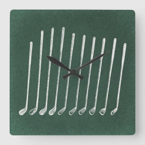 Golf Clubs Antique Golfing Art Vintage Green Style Square Wall Clock