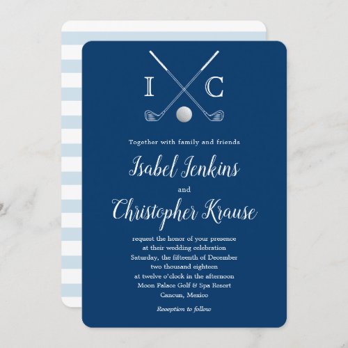 Golf Clubs Blue Monogram Stripe Wedding Invitation