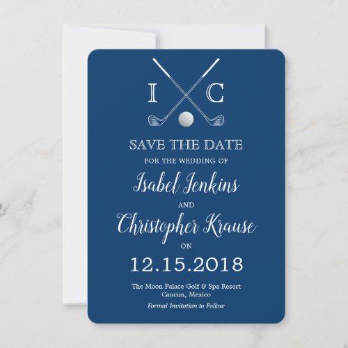 Golf Clubs Blue Monogram Wedding Save the Dates Save The Date