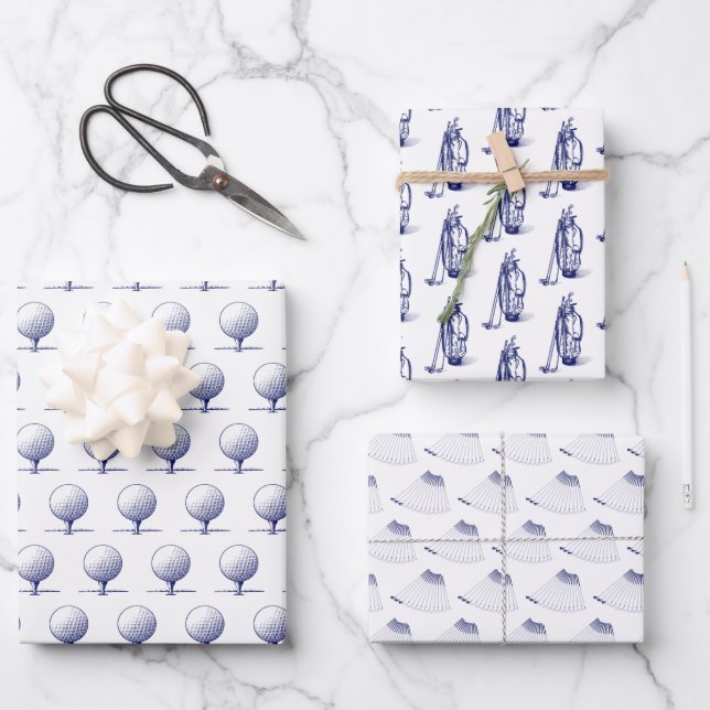 Golf Clubs, Golf Bags, Golf Tee Blue Wrapping Paper Sheets (Front)