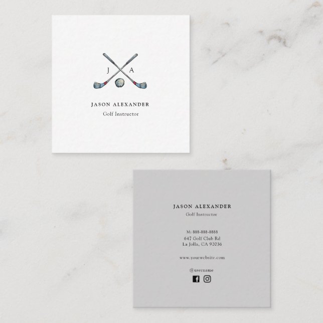 Golf Clubs Monogram Golf Instructor Golf pro Square Business Card (Front/Back)