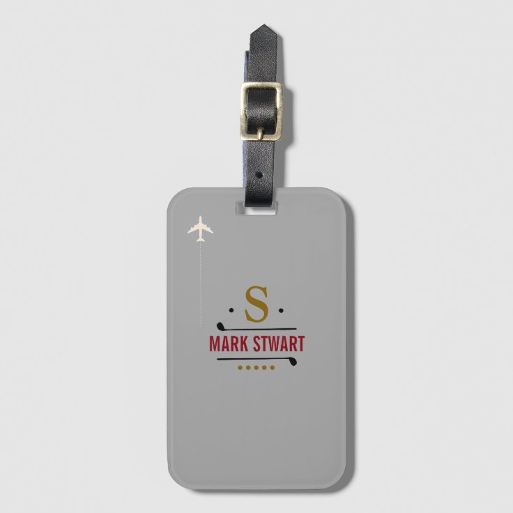 golf clubs, name & initial on gray monogrammed luggage tag Zazzle