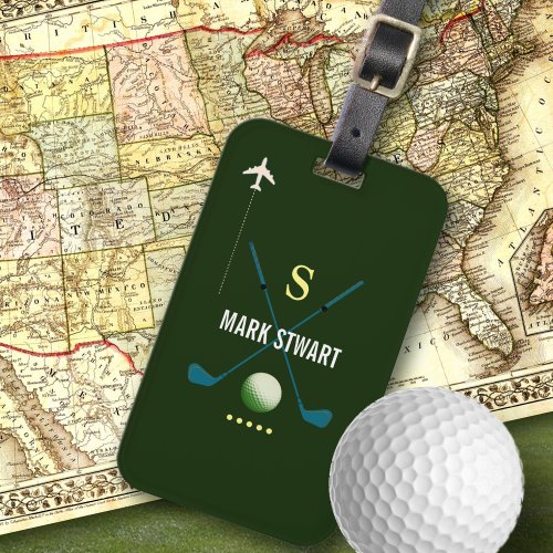 Golf clubs name  initial on green monogrammed luggage tag