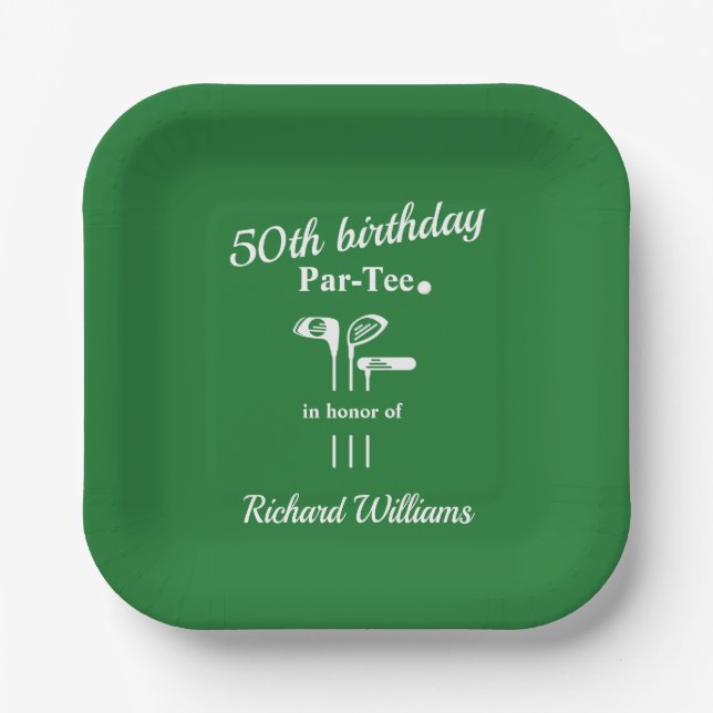Golf Clubs Par Tee Green White Men's 50th Birthday Paper Plates (Front)