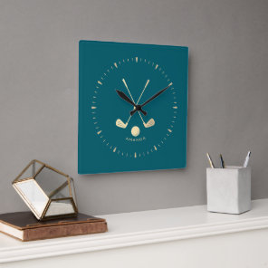 Golf Clubs Personalized Gold and Dark Green Square Wall Clock