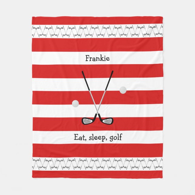 Golf clubs personalized red striped fleece blanket (Front)